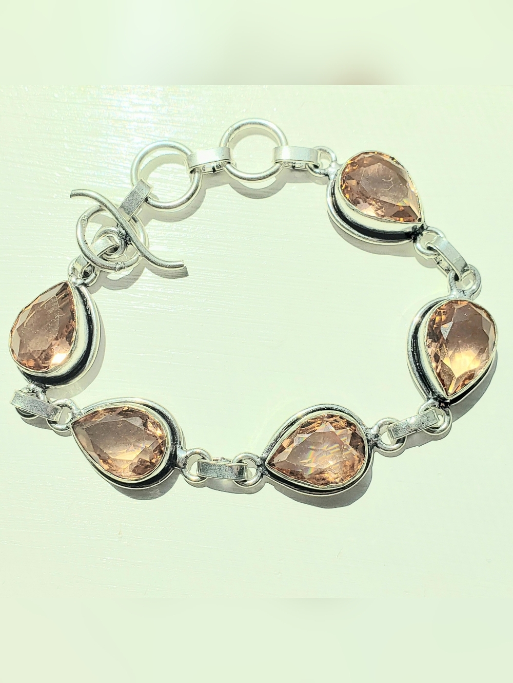 NEW, Peach Morganite Bracelet, Silver & Faceted Teardrop Stones, 8" Artisan Made